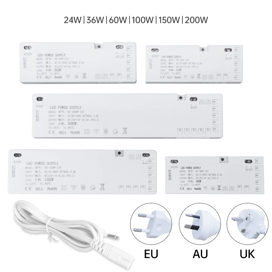 DC12V/24V LED Cabinet Light Transformer AC220V 24W-200W EU/AU/UK Plug for Kitchen/Cabinet/Wardrobe Led Light Strip to Match