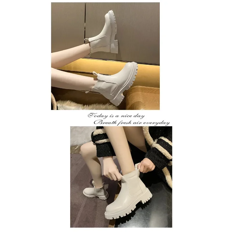 New Autumn Winter Chelsea Boots Women Platform Brown Black Beige White Ankle Boots for Women Fur Short Chunky Punk Gothic Shoes