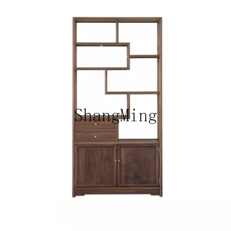 

FG New Chinese Simple Black Walnut Tea Cabinet Shelf Solid Wood Bookshelf Tea Room Display Cabinet