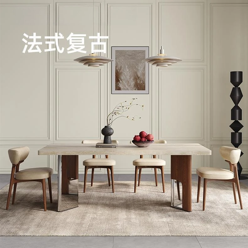 French retro travertine rock slab dining table and chairs, solid wood home high-end villas hang rectangular dining tables