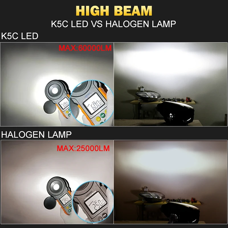 K5C H7 LED 60000LM Reflektory Canbus 8000K H1 H4 H11 9012 HIR2 H8 H9 9005 9006 HB3 HB4 Wysoka moc 6000K 5570 CSP Chips — zdjęcie 3