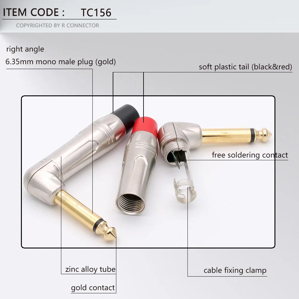 2PCS Right Angle Mono 6.35MM Jack 6.3MM Male Plug Connector Gold Plated 1/4 Inch Plug Microphone Guitar Connector