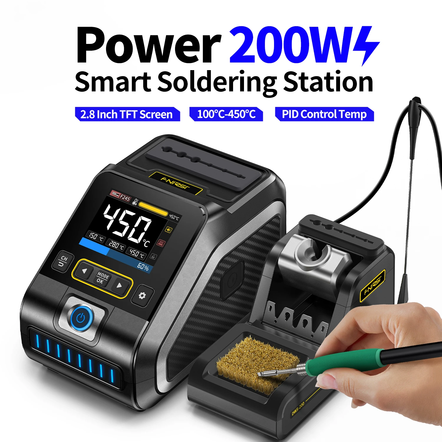 

FNIRSI DWS-200 200W Power Repaid Heating Soldering Iron Staion C210 C245 Solder Iron Handle Electronic Welding Rework Station
