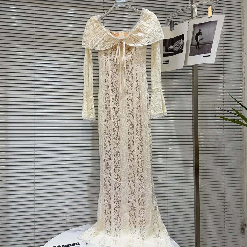 PREPOMP 2024 Winter New Arrival Drawstring Lace Hook Flower Ruffles Collar Beige Long Maxi Dress Women GS747