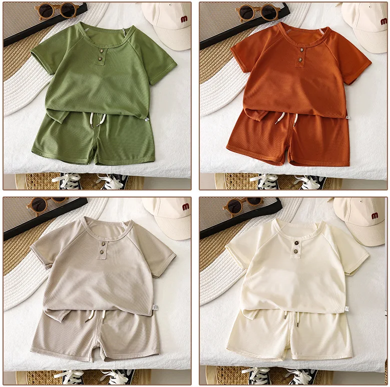 Baby Boys Waffles Clothes Sets Kids Solid Shirt +Shorts 2PCS Suit Toddler Costume Summer Children's Clothing Casual image 6