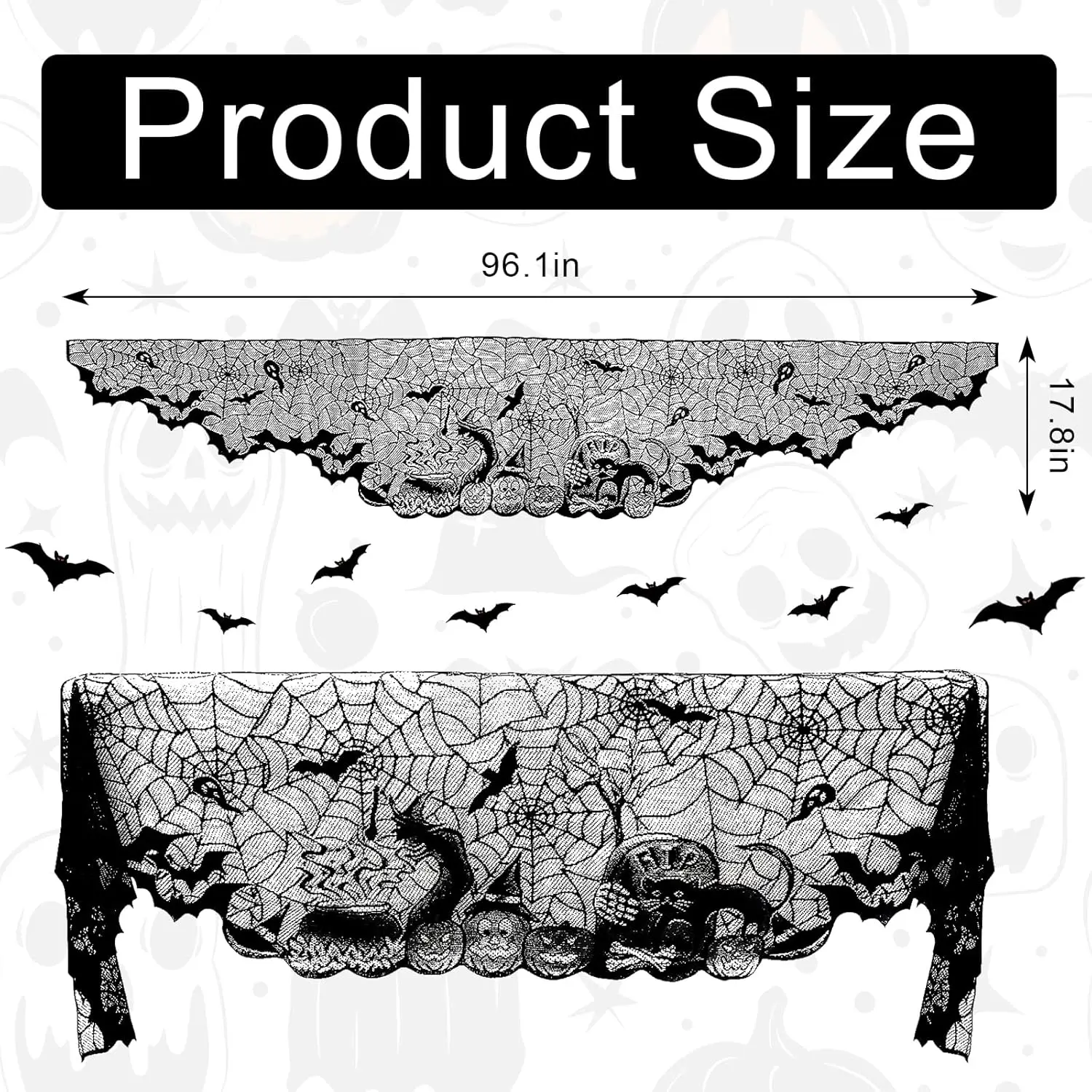 On-Airstore Halloween Mantle Scarf Pumpkin Bat Spider Web Fireplace Scarf Black Embroidered Lace Table Runner Mantle Cover for Halloween Fireplace Decoration Halloween Party Supplies 96 x 18 Inch