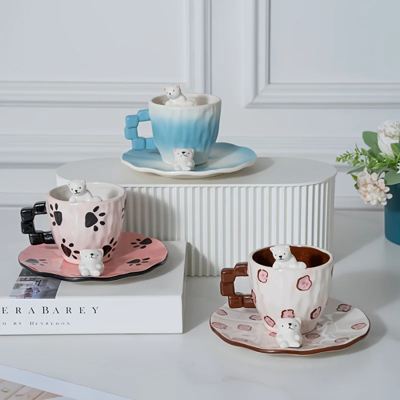 1 Pcs New 3D Polar Bear Ceramic Coffee Glass And Saucer Set With Ice Cube Handle Cute Christmas Gifts For Children Dropshipping