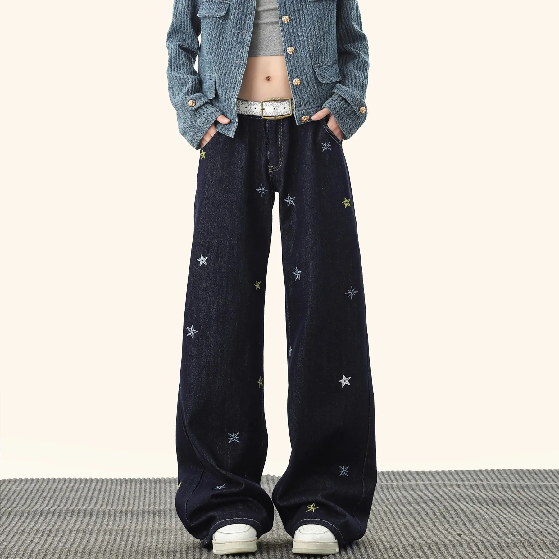 Women's Baggy Wide Fit Jeans Star Embroidery Denim Pants American Retro High Street Y2K Harajuku Cowboy High Quality Trousers