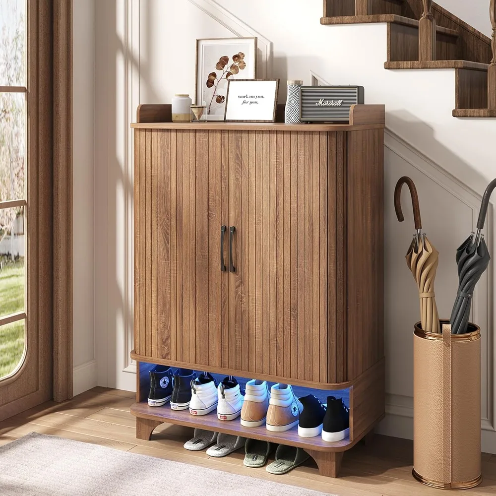 

6-Tier Shoe Cabinet with Led Light, Entryway Shoe Storage Cabinet with Tambour Slatted Sliding Doors & Adjustable Shelf, Hallway