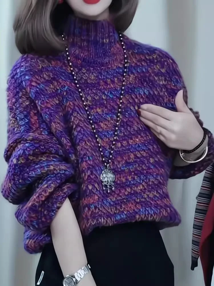 

Весна 2026: Утепленный вязаный свитер с высоким воротником для женщин, модный теплый топ в повседневном стиле, свободный крой, длинный рукав, однотонный