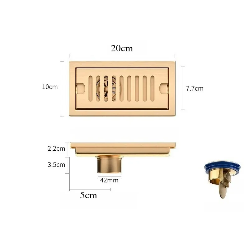 Large Displacement 304 Stainless Steel Floor Drain, Golden Long Strip Anti Odor Shower Room, Balcony, Rectangular Bathroom