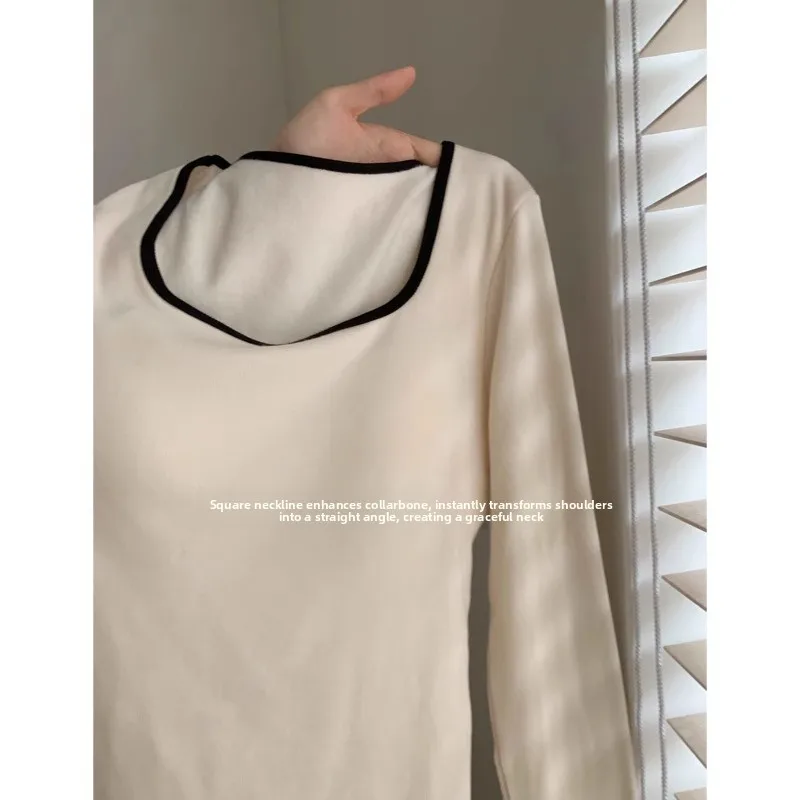 Fleece Lined Long Sleeve Square Collar Women's Slim Fit Base Shirt Inner Wear Autumn Winter Warm Color Block Chest Pad