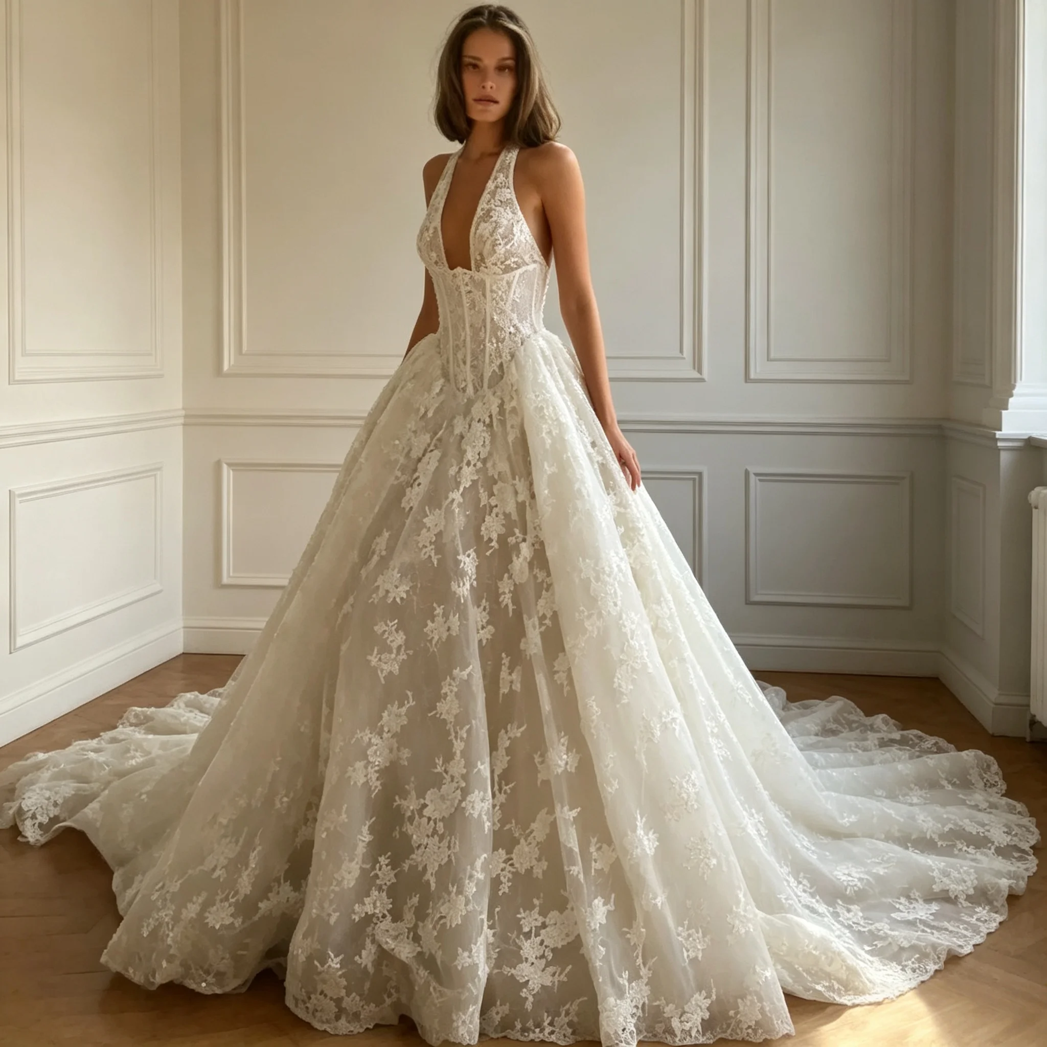 

Halter Plunging V-Neck Lace A-Line Wedding Dress Open Back High-Waist Floral Lace A-Lice With Cathedral Train Customizable