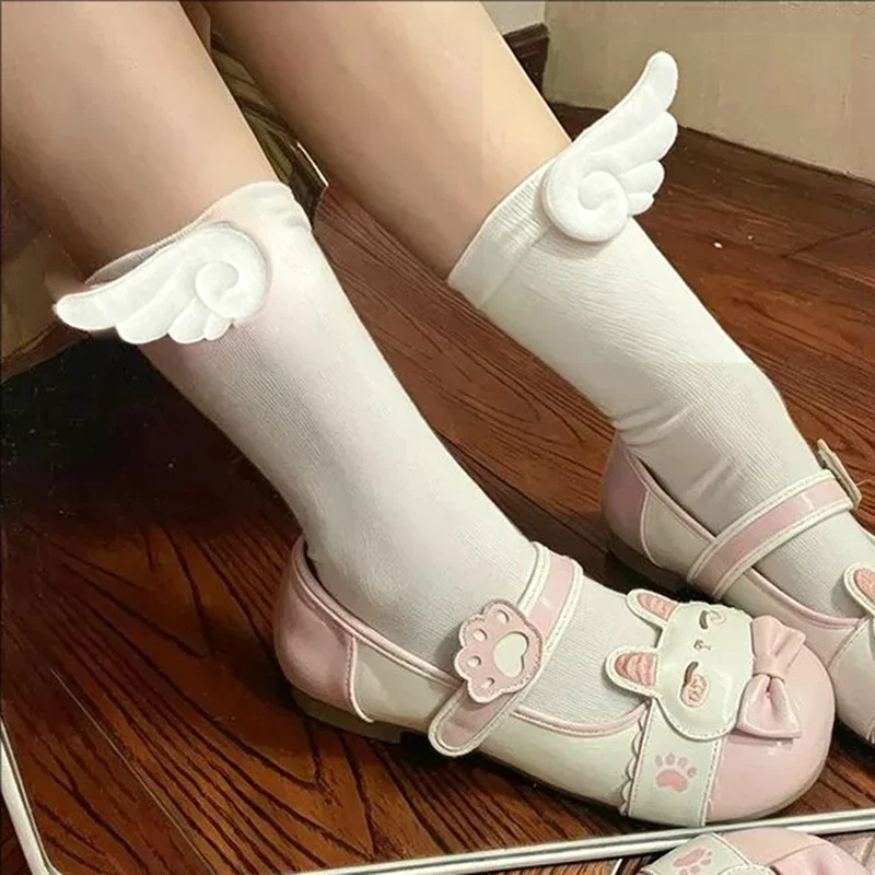 Y2K Angel Wing Socks for Women Sweet Kawaii Student Soft Cotton Princess JK Socks Solid Lolita Cute Girl Black White Wing Socks