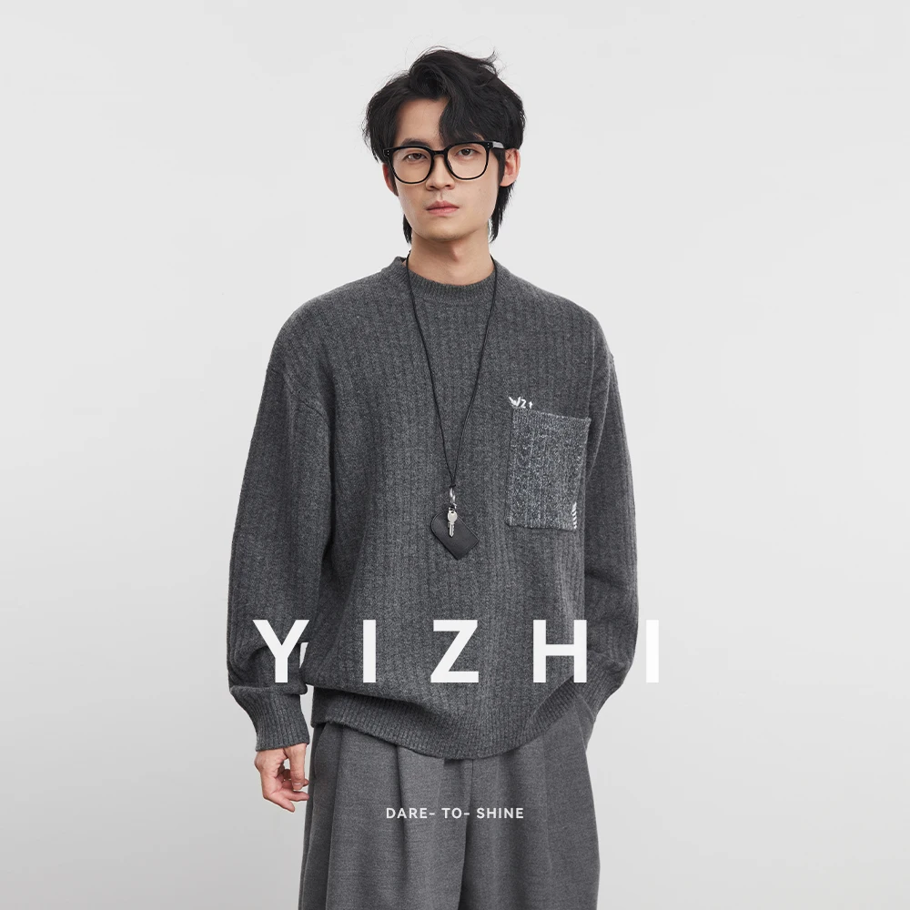 أزياء الرجال مزيج الصوف كتلة اللون جيب متماسكة سترة 2025 الخريف الشتاء العصرية طويلة الأكمام البلوز