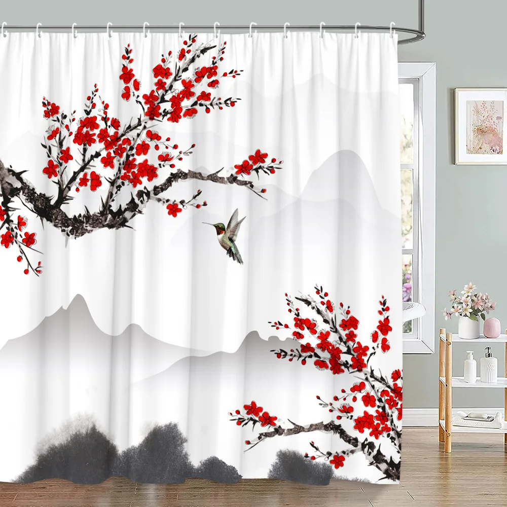 Asian Scenery Shower Curtain Mountain Cherry Blossom Sun Butterfly Nature Bird Ink Art Polyester Fabric Bathroom Decor Curtain