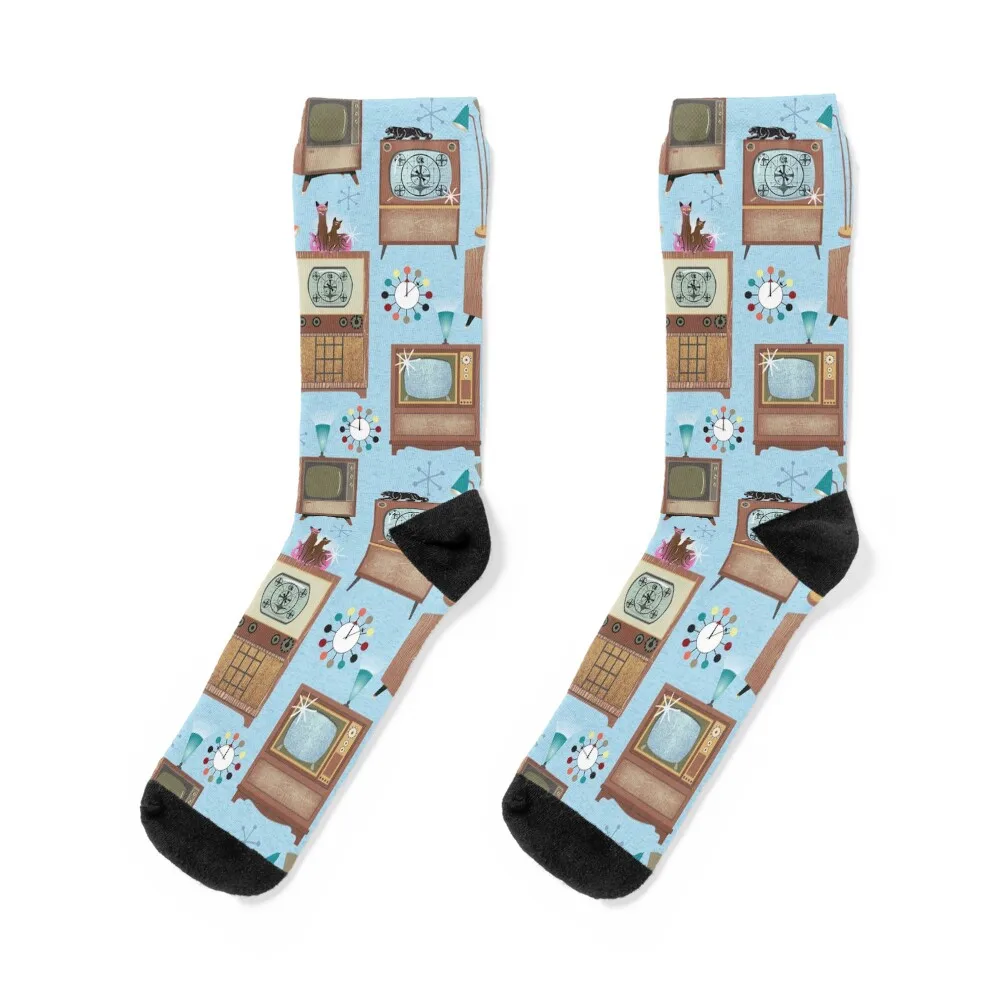 1950s Vintage Television Sets with Cat Lamps and Atomic Clocks Socks valentine gift ideas snow kawaii floral Socks Men Women's