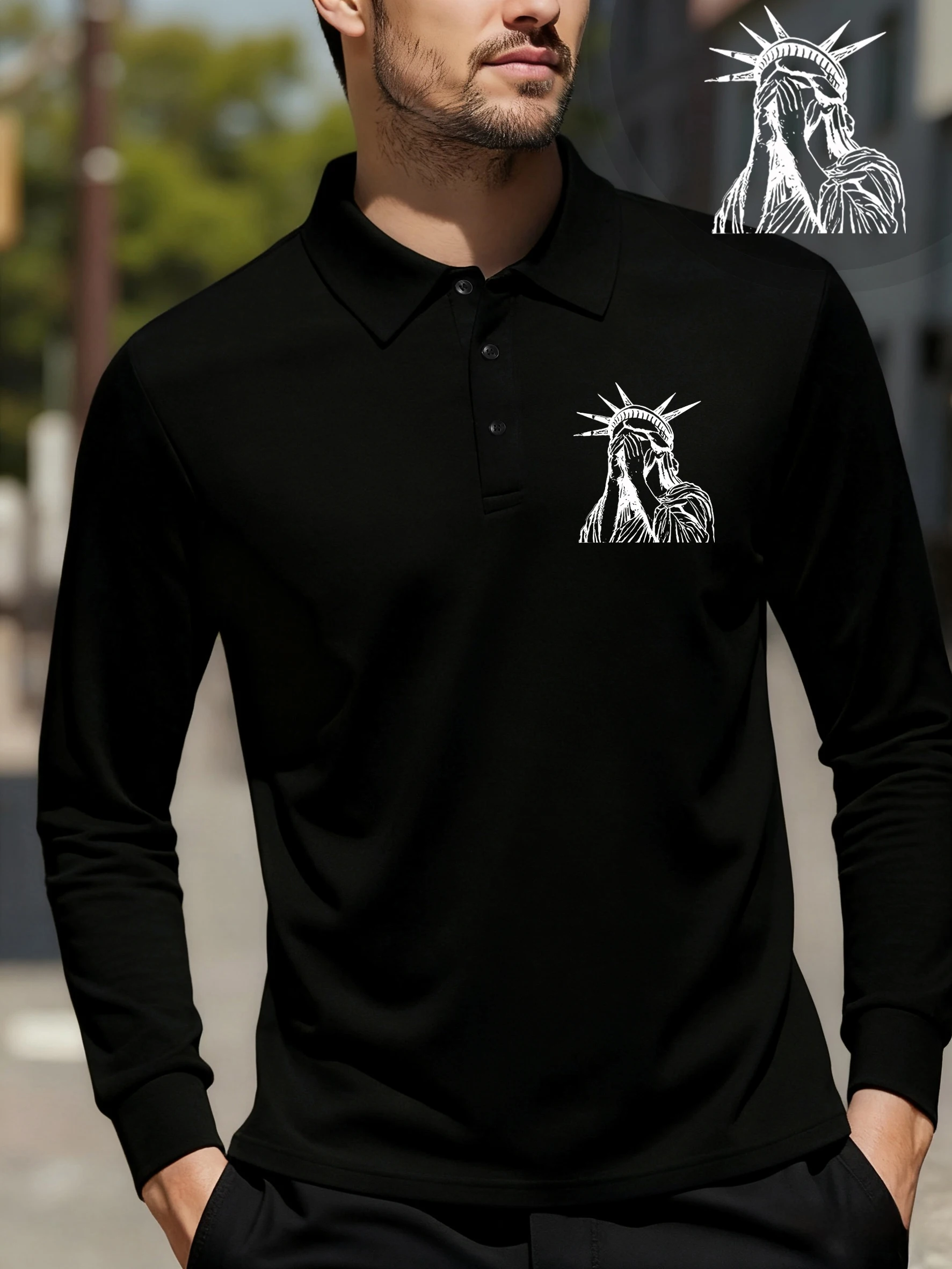 

Facepalm Statue Of Liberty Prints Polo Shirts Mens Comfortable Street T-Shirts Oversized Casual T Shirt Soft Spring Long Sleeved