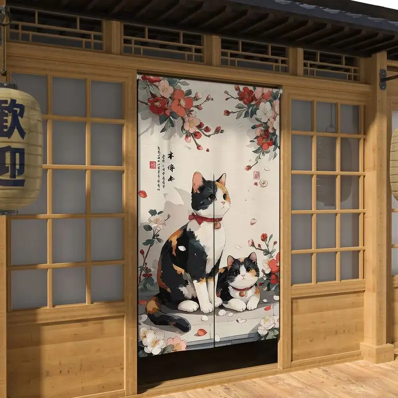 VIKAMA Japanese Calico Cat Noren Door Curtain Welcome Print Doorway Curtain Cute Kawaii Home Decor Traditional Style Home
