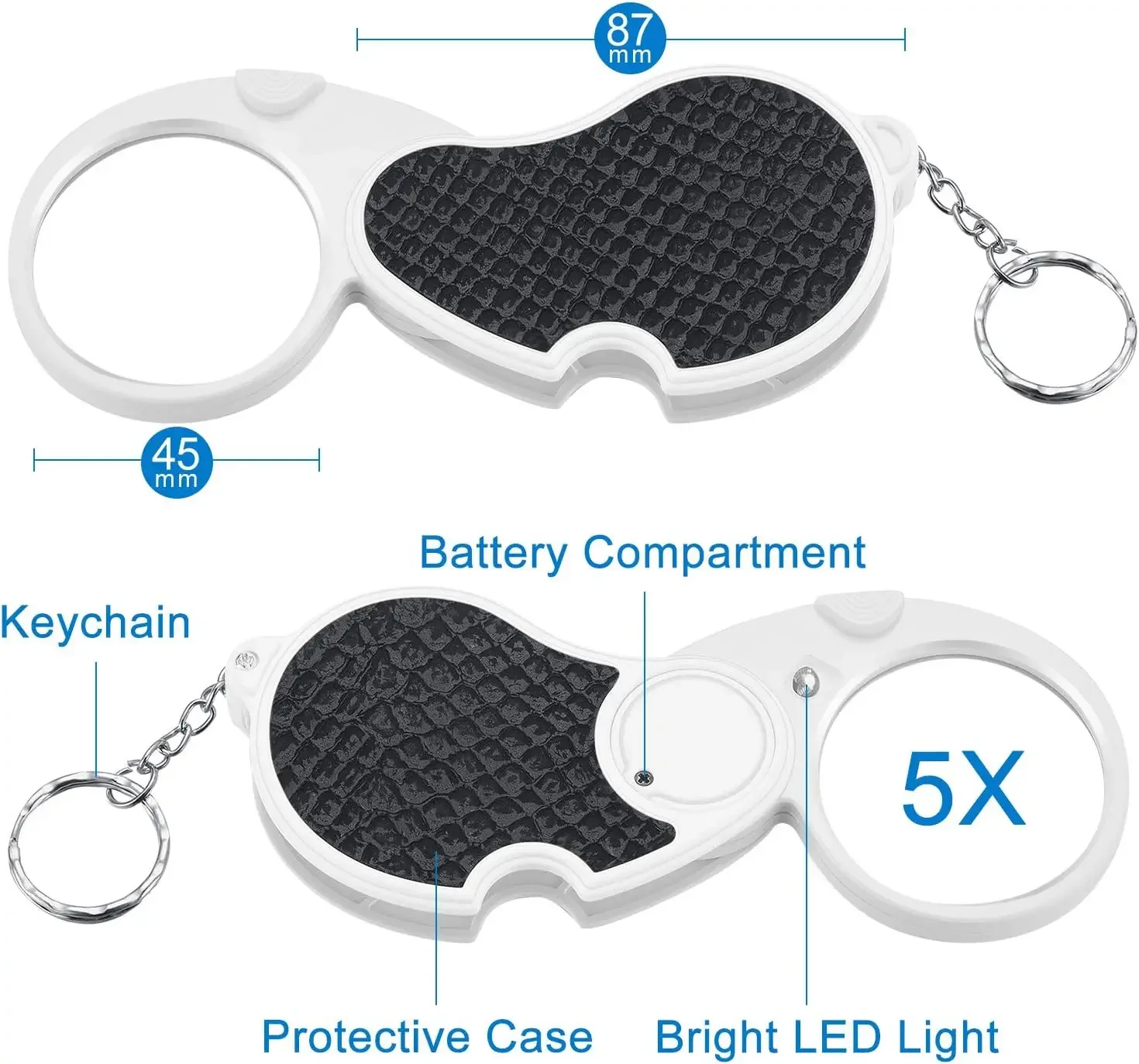 Reading Magnifier 5x  Light Handle Illuminated Handheld Magnifier with Keychain Non-Slip Rubber Case