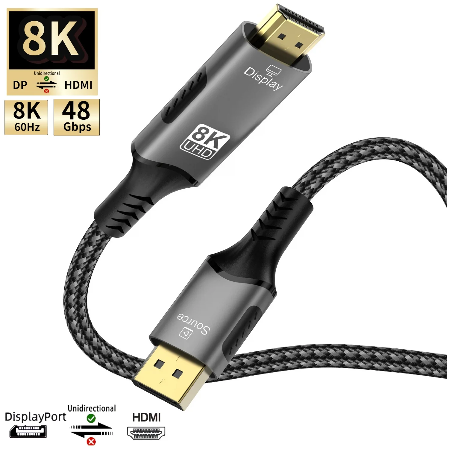 

Совместимый кабель DisplayPort-HDMI 8K@60Hz 4K@120Hz 2K@240HzDP-HD-адаптер Порт дисплея Видео-аудио для ПК HDTV 3 фута 6 футов 10 футов