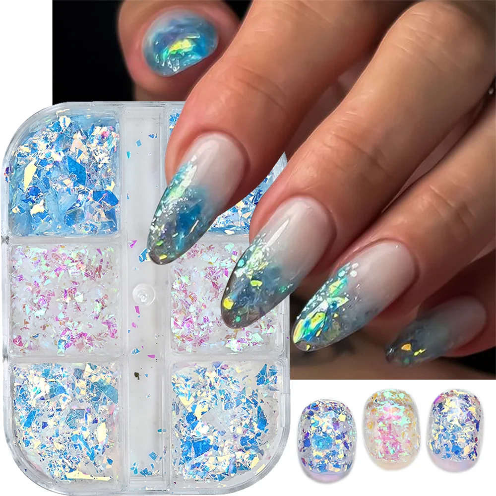 6Grids Blue Pink Ice Transparent Irregular Opal Nail Flakes Aurora Glass Crushed Foil Nail Sequins DIY Nail Art Decor Supplies