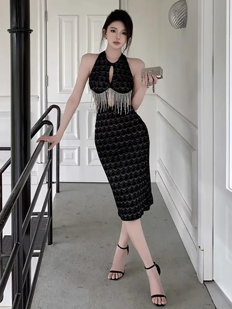 RORORIRI 女性ダイヤモンドタッセル背中の開いたホルターロングドレスノースリーブオフショルダーカットアウトスリムボディコンレトロイブニングパーティードレス