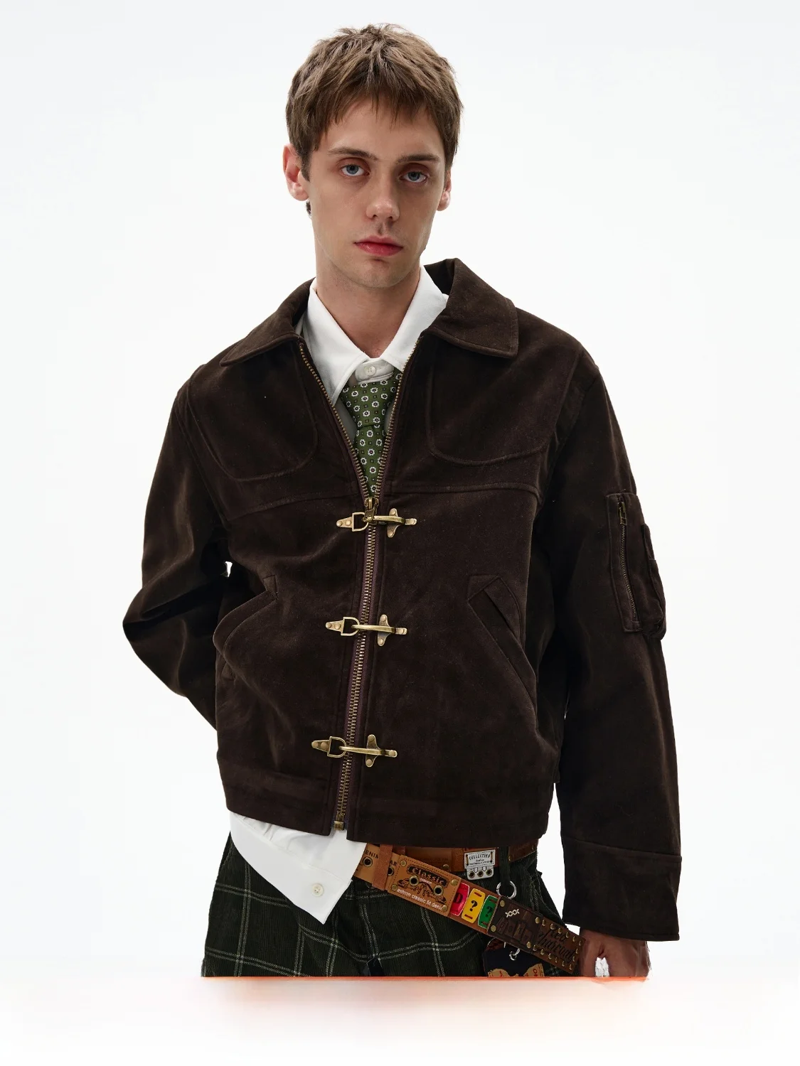 

MADWITCH Vintage Suede Jaet ort Men's Patchwork Aircrt Bule Jaet Youth Casual Autumn Winter Faion Zipper Closure