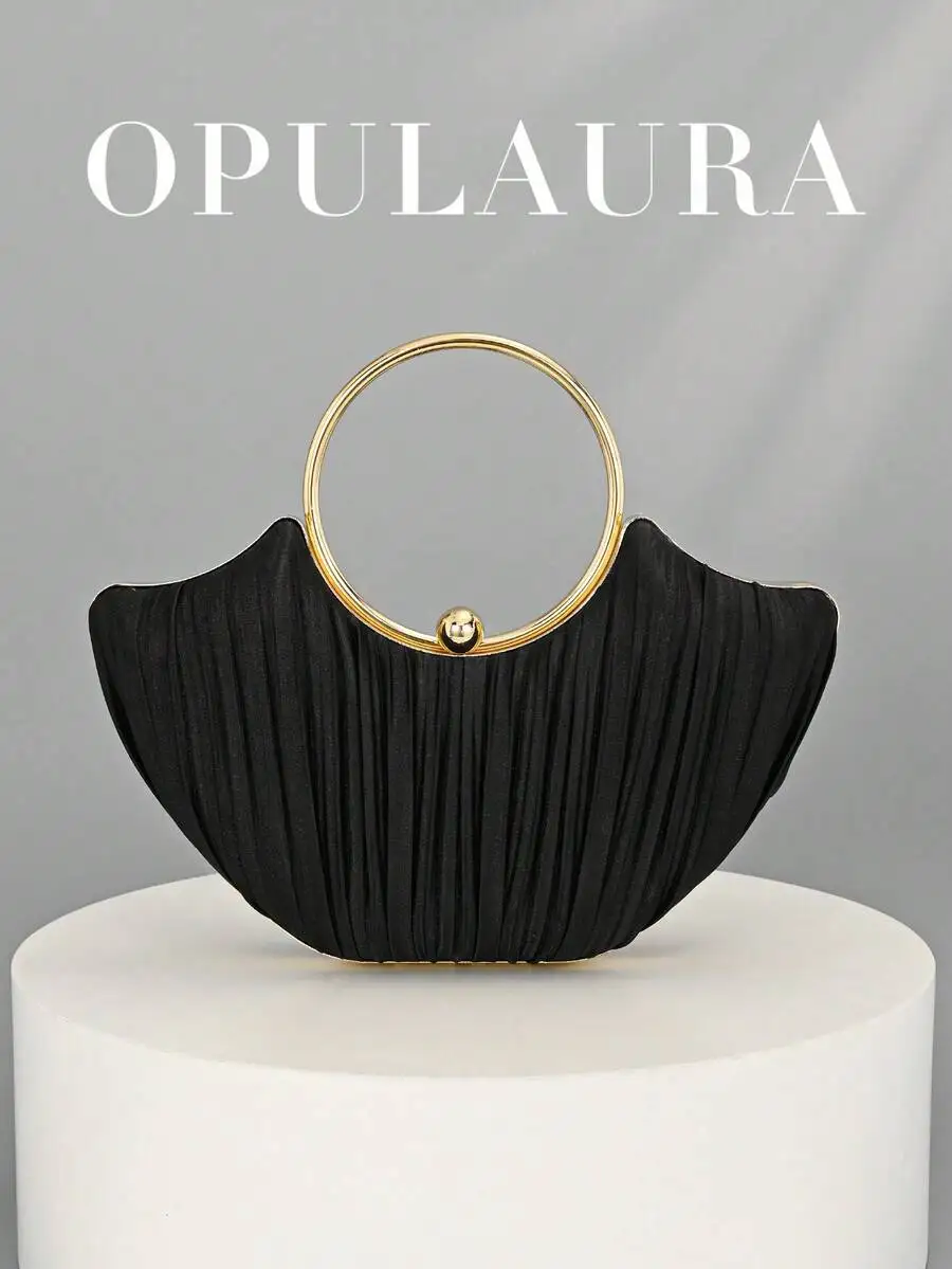 Elegant Pleated Evening Clutch Bag With Gold Tone Ring Handle For Party Wedding Formal Event