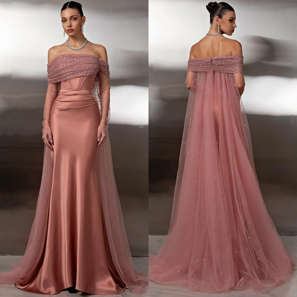 

Customized Graceful Boat Neck Evening Dress Exquisite Watteau Train Prom Dresses Temperament Crystal Special Occasion Gowns