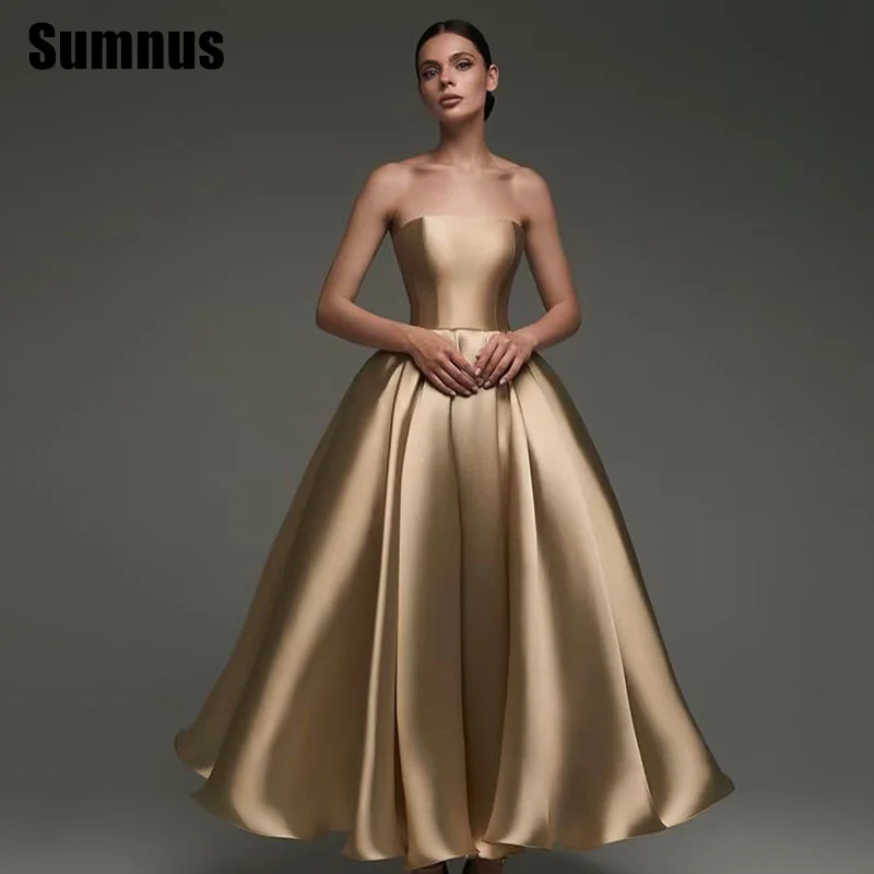 

SUMNUS Elegant Champagne A-Line Prom Dress Strapless Ankle-Length Formal Party Gowns Off The Shoulder Vestidos De Fiesta