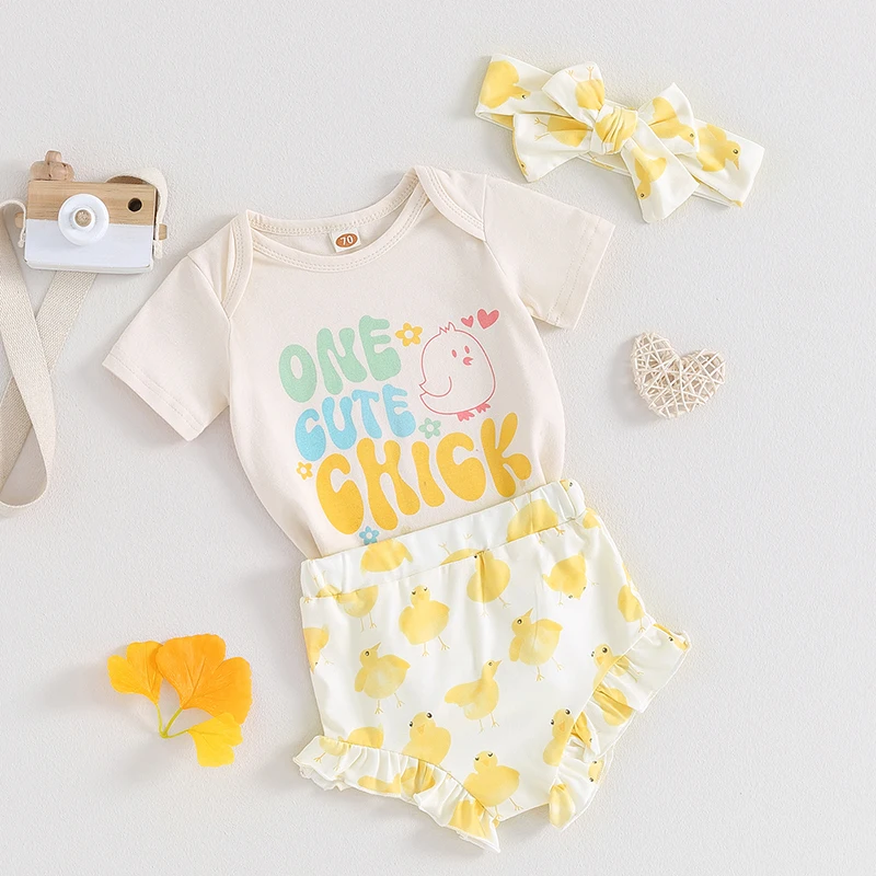 Newborn Baby Girl 3Pcs Summer Outfit Farm Cute Chick Letter Romper Bloomer Shorts Headband Photography Props Clothes