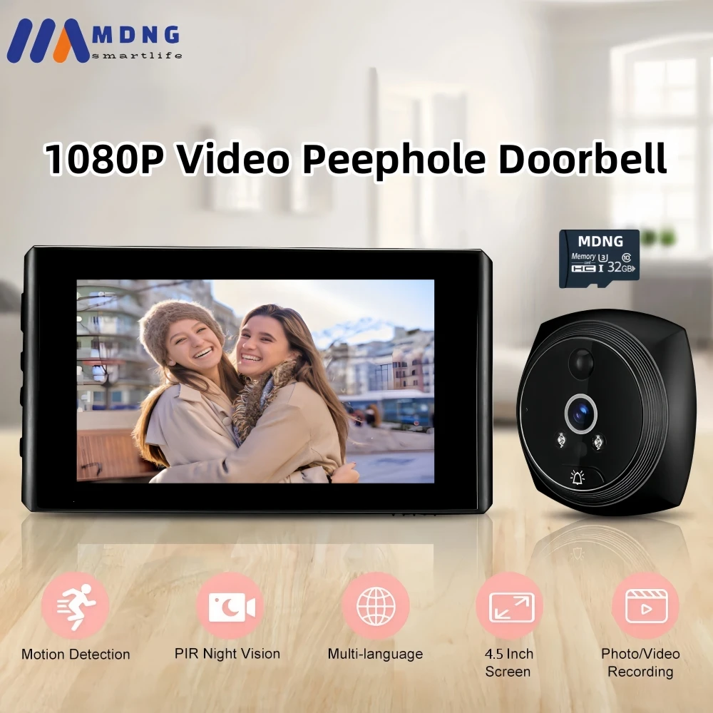 polegada 1080p visualizador de porta digital casa inteligente olho magico campainha camera pir deteccao movimento visao noturna video campainha 45 01