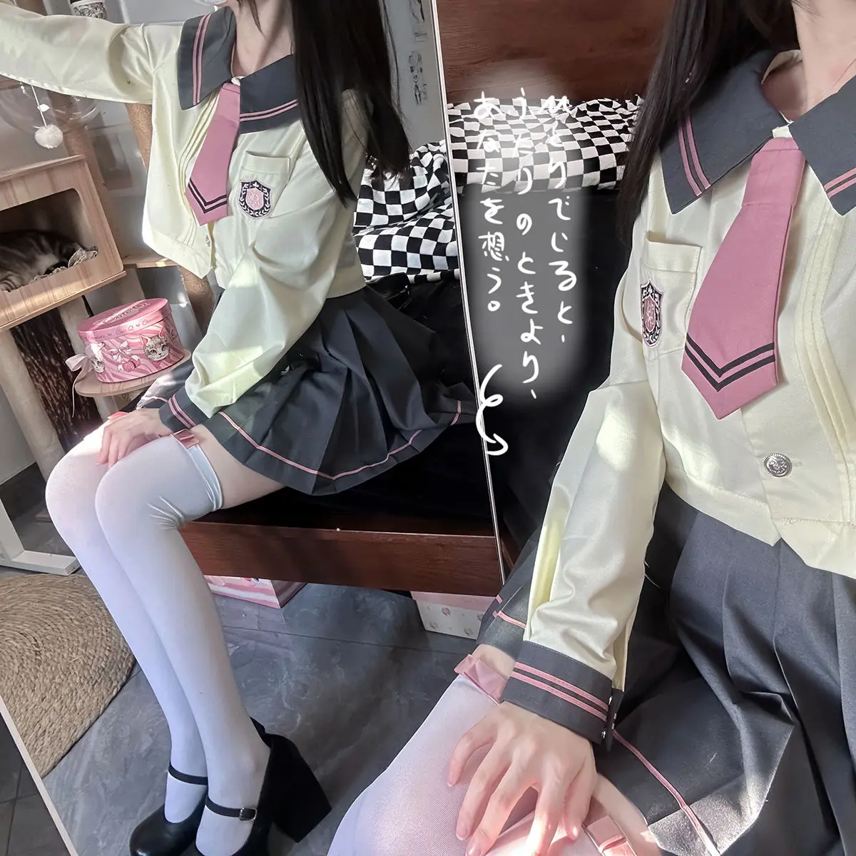 Japan JK Uniform Sailor Suit Skirt Long Sleeve Navy Collar Bow Tie Two Colors Two-piece Set Vitality Kawaii 2024 New