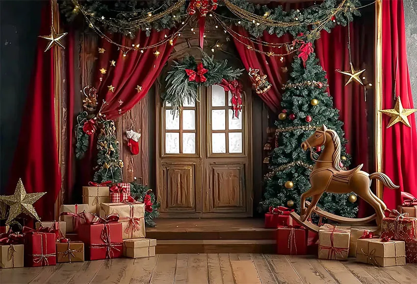 Mehofond التصوير خلفية عيد الميلاد لعبة الحصان طفل حفلة عيد ميلاد عيد الميلاد ستارة الباب الخشبي هدية ديكور خلفية استوديو الصور