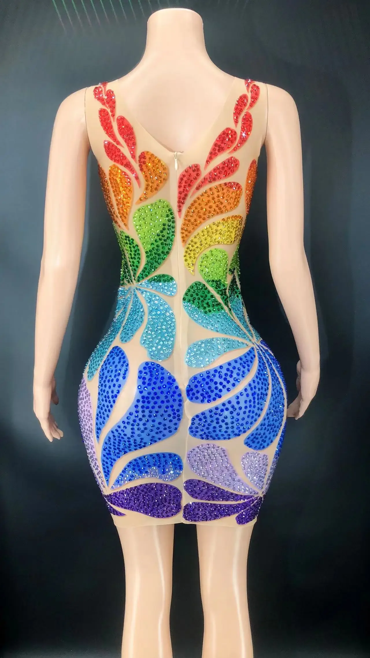 Vestido corto de malla transparente sin mangas para mujer, vestido Sexy Multicolor brillante con diamantes de imitación, talla grande, celebración de cumpleaños, baile de graduación