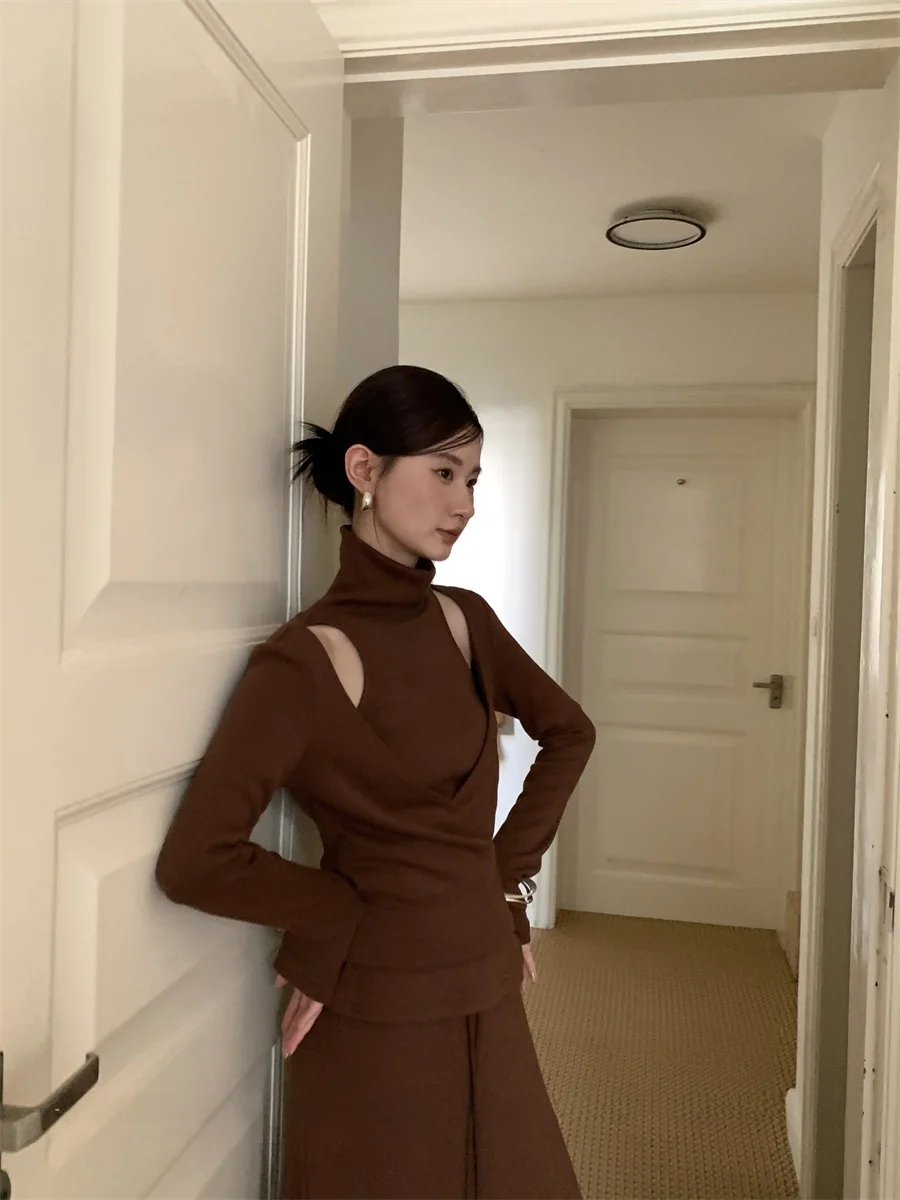 

Best U Design High Ne T-irt Women's Autumn Winter New Sle Long Sve Hollow out Belted Top Casual Slim Fit Color