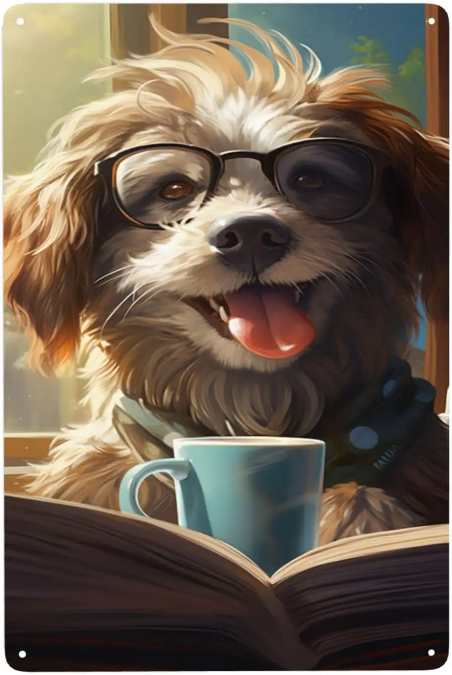 Scholarly Pooch Tin Sign Stylish Dog with Glasses,Cozy Café Ambiance,Rustic Wall Art decor for Study Room,Whimsical IndoorO sign
