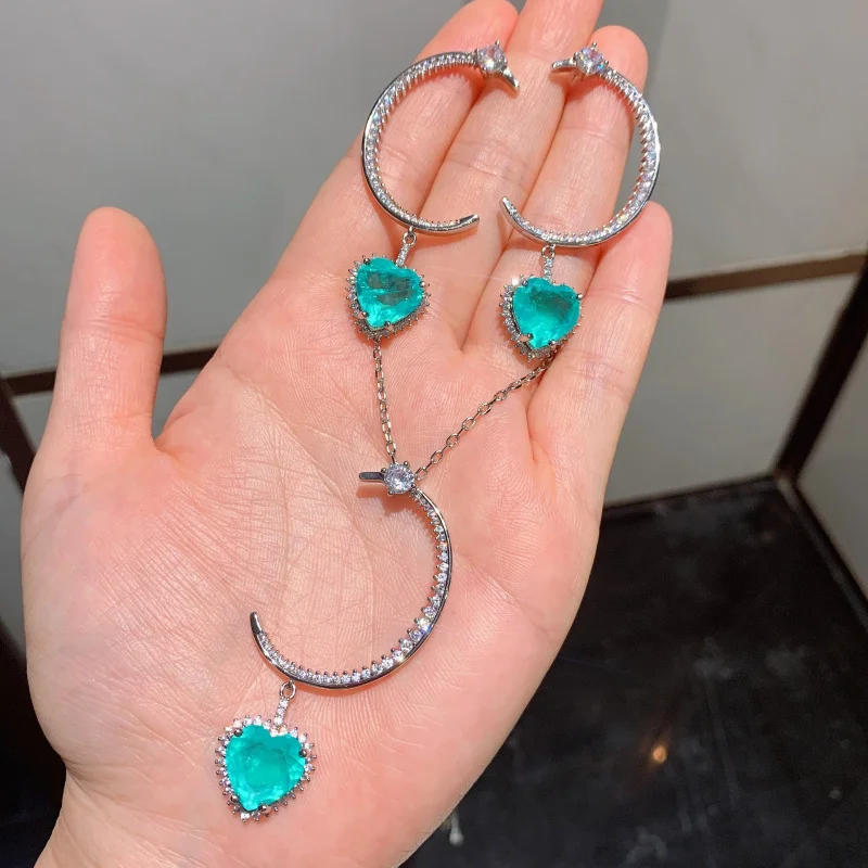 

Women's necklace and earrings, new European and American style, large semi-circle heart-shaped Paraiba pendant necklace and earr