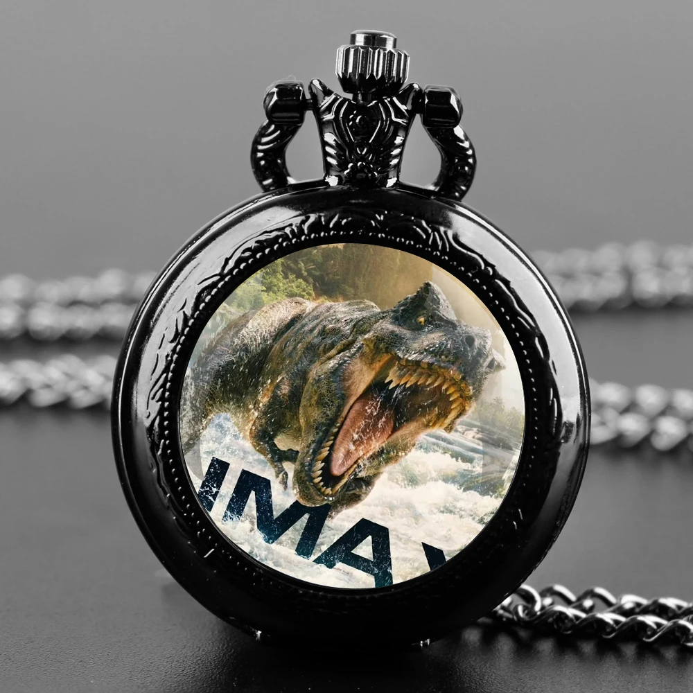 Dinosaur Glass Dome Quartz Pocket Watch With Durable Chain Arabic Numeral Dial Halloween Gifts for Men Women Kids