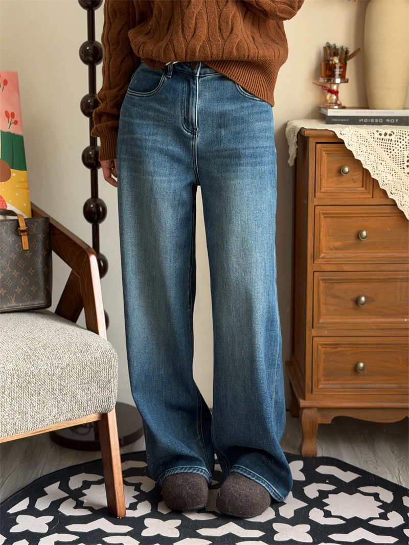 

Женские зимние джинсы с высокой талией, широкими штанинами, подкладкой, эффектом утягивания, из искусственной замши, повседневные, из хлопка