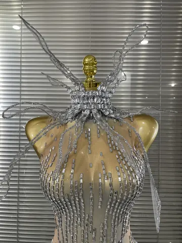 Dress Sexy Sparkly Crystal Women Sleeveless Sexy Mesh See Through Sparkly Crystal Bodycon Mini Dress Celebrate Birthday Evening Party Singer Stage Outfit