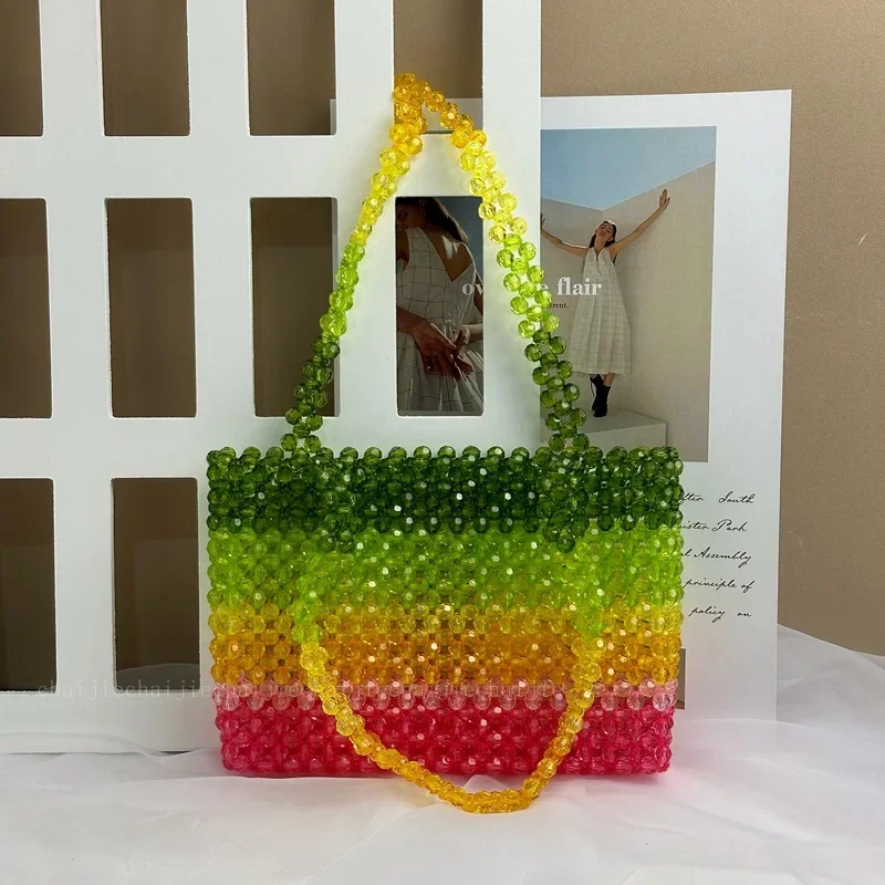 

Rainbow Stripe Personalized Fashion Shoulder Bags for Women New in Handbag Acrylic Beaded Handwoven Women's Bag Customization