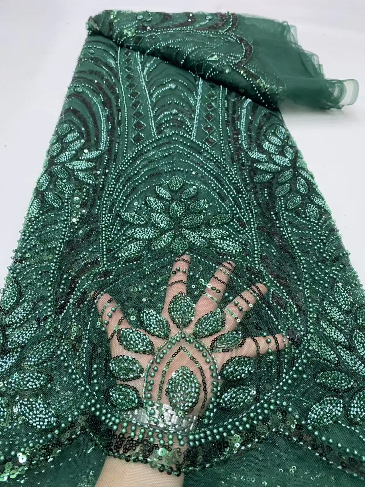 

2025 African Nigerian Sequins Embroidery Tulle Lace Fabric High Quality Beads Stone Prom Dresses Sewing Guipure 5 Yards DP0386