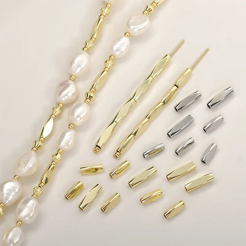 Copper Plated 14k Real Gold Color Long Tube Cut Triangular Square Connecting Tube DIY Beaded Handmade Necklace Bracelet Material