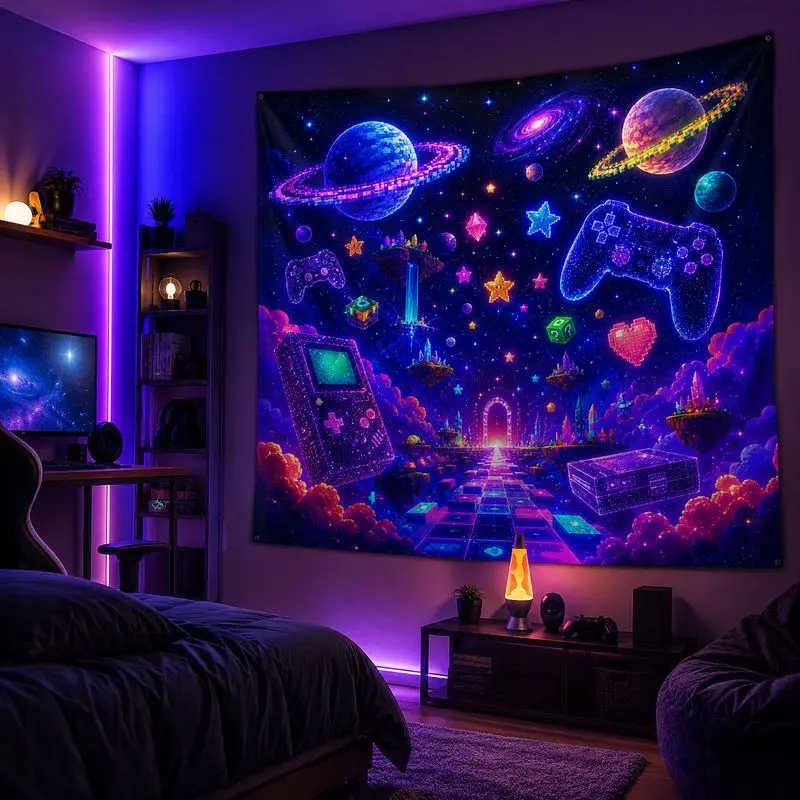 VIKAMA Planet Jellyfish Blacklight Tapestry, Neon Space Bohemian Wall Hanging Decor for Bedroom Living Room, Galaxy Home Art