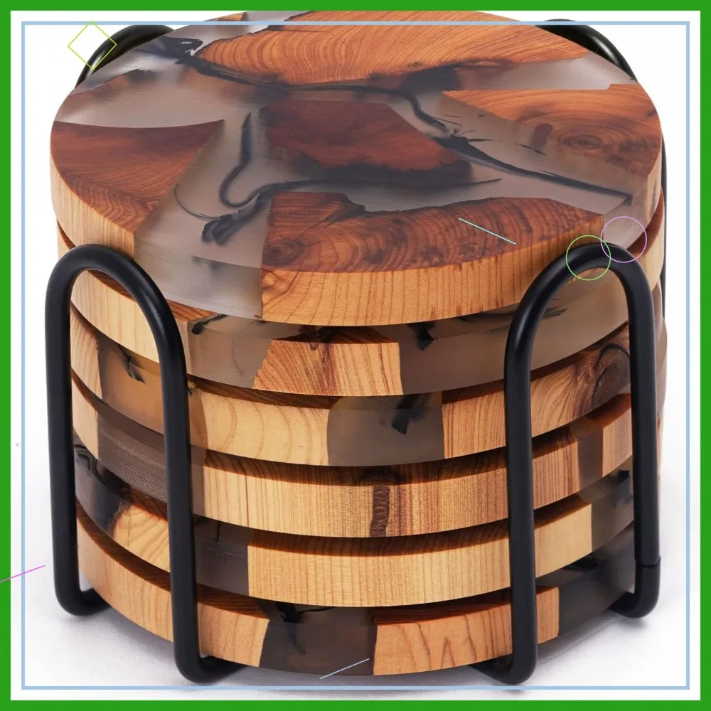 

Set of 6 Wooden Absorbent Coasters with Holder, Epoxy Resin Design for Table Protection