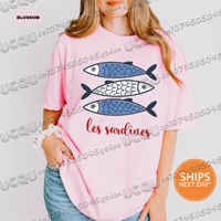 European Style Sardine Printed Cotton T-Shirt Round Neck Loose Breathable Casual Home Clothes Travel Holiday Tee Women'S Top