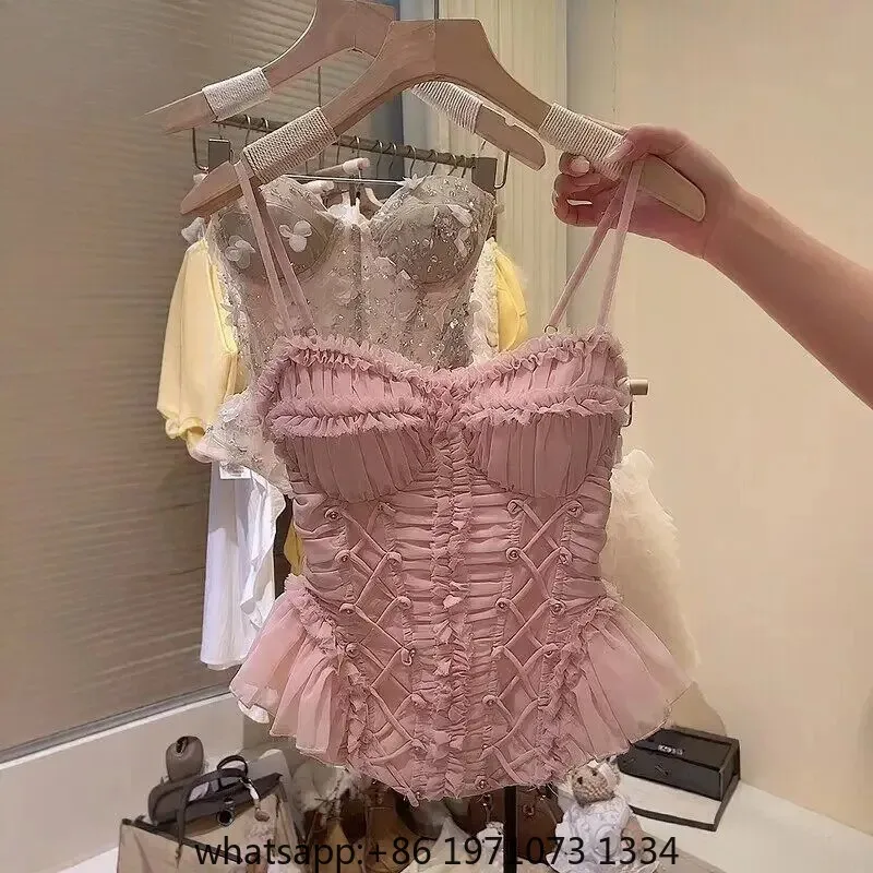 Elegant Sweet Korean Pink Spaghetti Strap Ruched Lace Up Ruffle Trim Crop Tops Women Bow Design Peplum Hem Slim Chic Date Summer