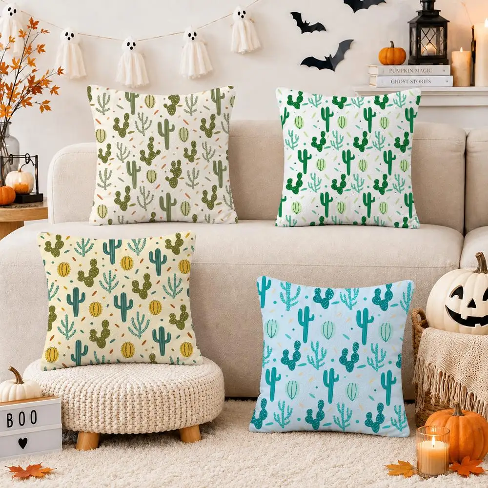 Boho Desert Cactus Pattern Cushion Cover Short Plush Double Sided Printed Soft Pillow Case Home Sofa Decor Festival Gifts